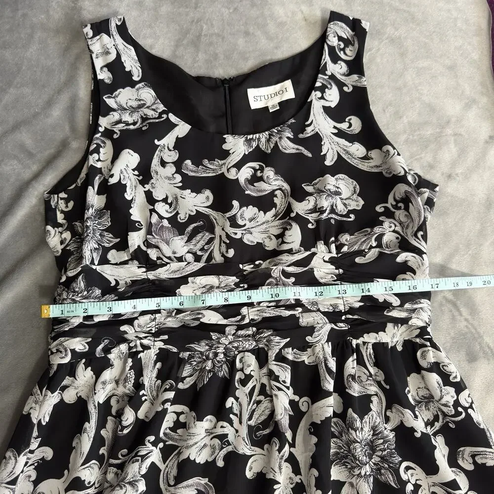 Studio I Women’s Black White Floral Scroll A-Line Dress Size 14 Vintage Inspired